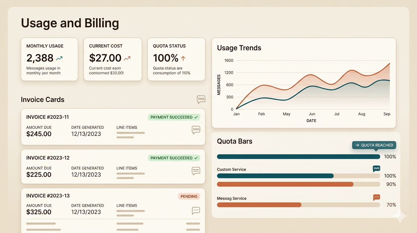 ArelHub billing dashboard showing quotas, plans, and invoice lifecycle